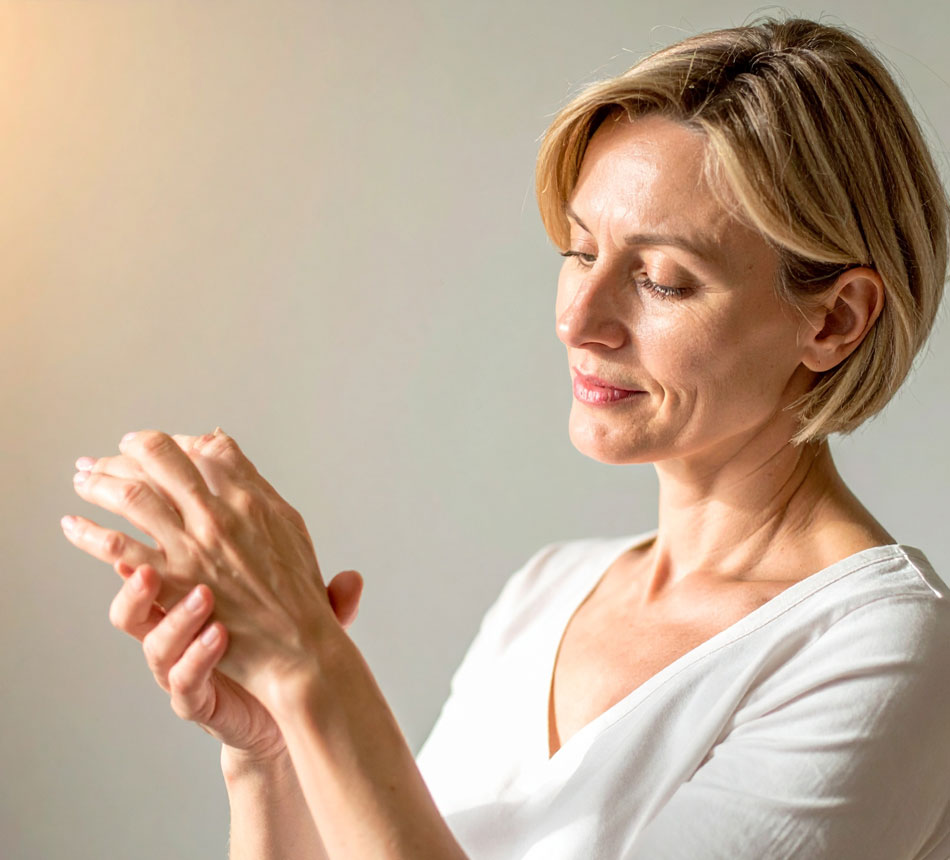 Prevenir Femme souriante massant ses mains