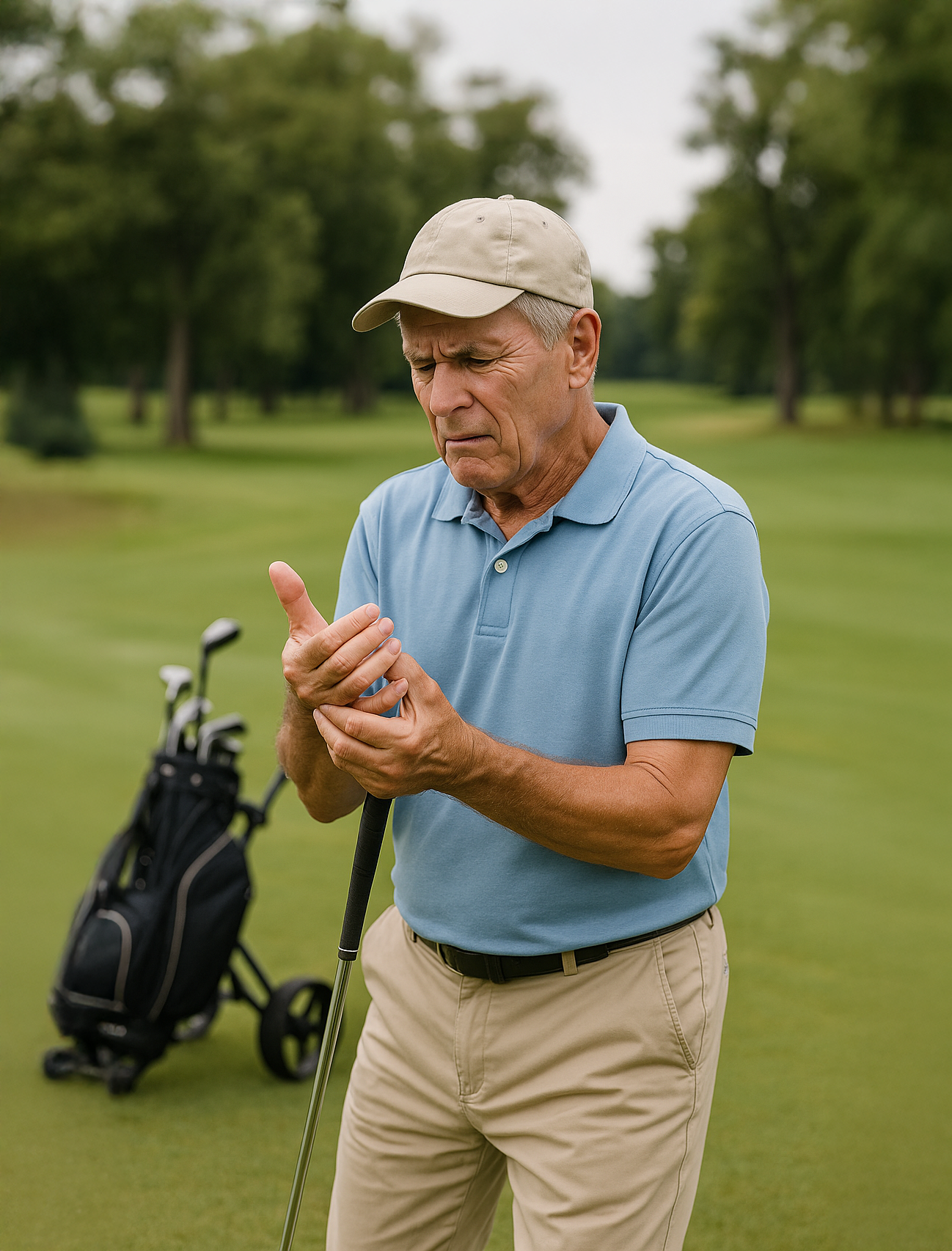 Comprendre Homme de golf inspectant sa main sur le terrain.