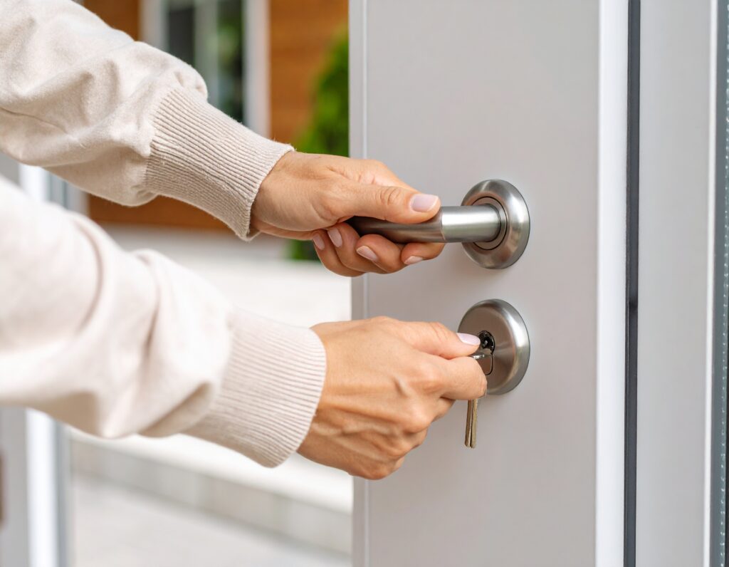 main féminine insérant une clé dans une serrure. 28831 Main tenant une clé pour ouvrir une porte.