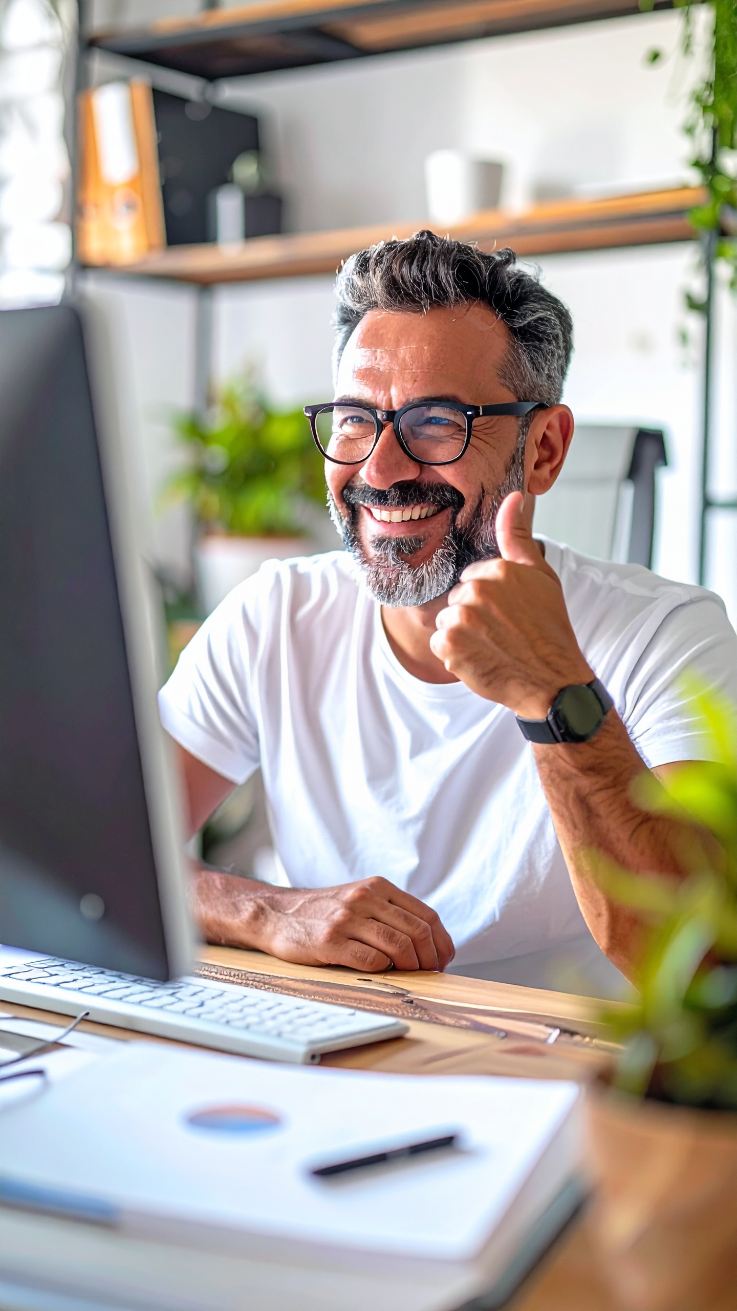 Firefly_Homme d’âge moyen, caucasien, cheveux gris courts et barbe, portant un t-shirt blanc, 214874 Homme souriant devant un ordinateur, faisant un pouce en l'air.