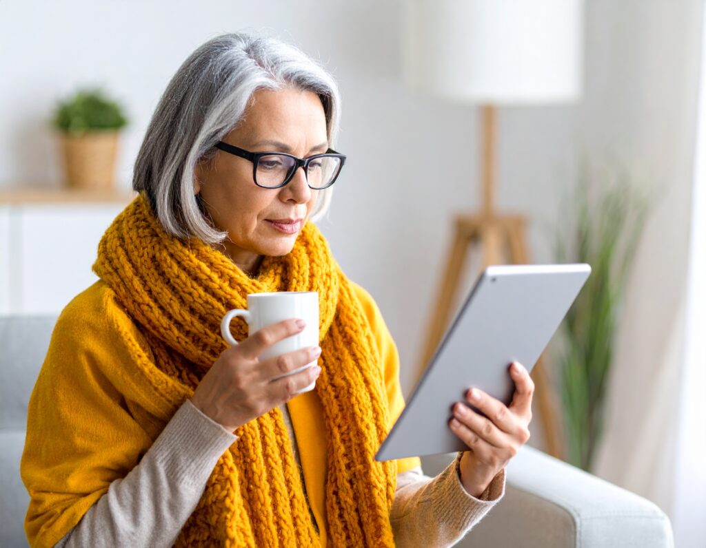 femme de 55 ans, 231600 Femme âgée avec tablette et tasse de café