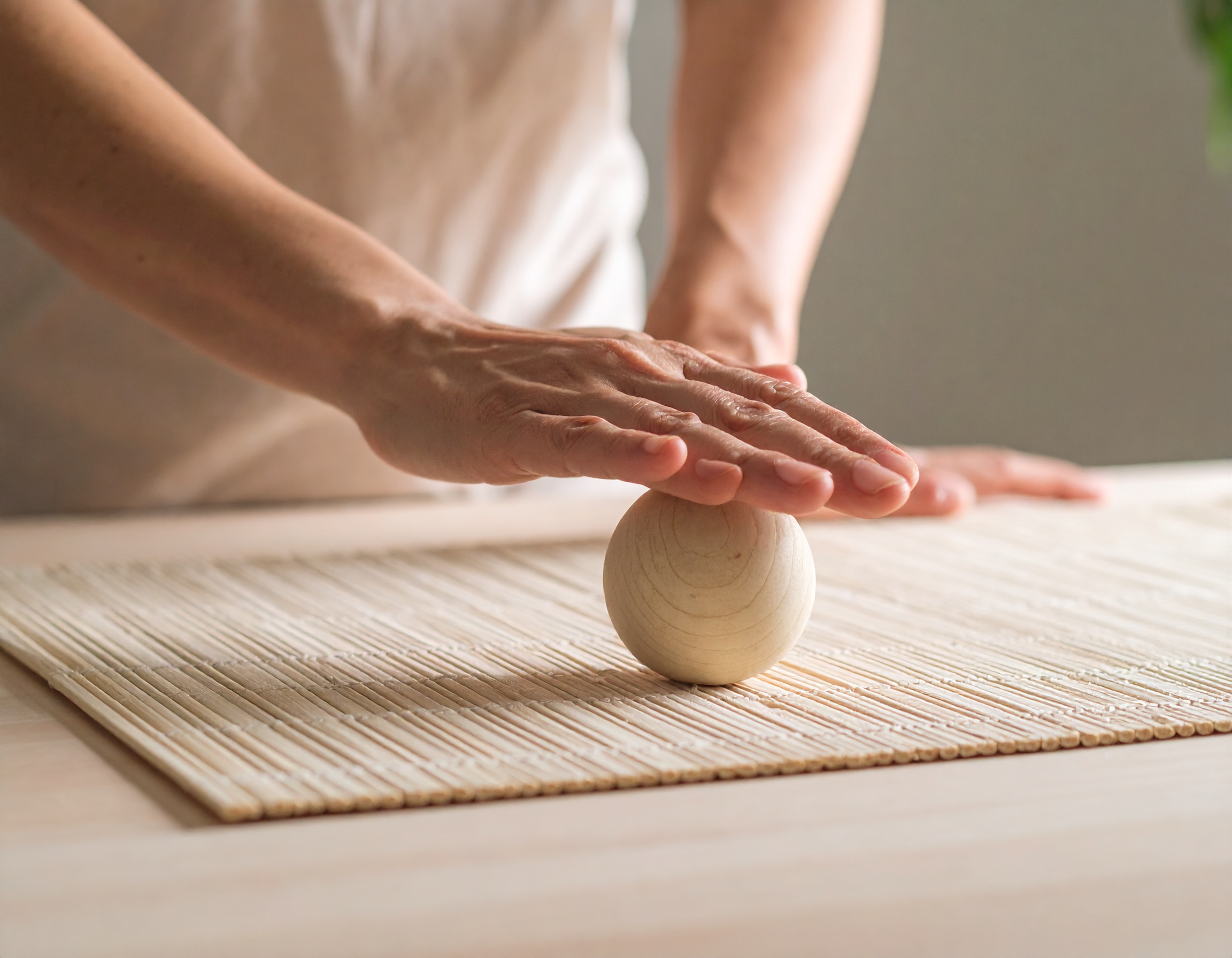 Firefly_Plan d’un tapis de table. Une femme fait rouler une balle sous sa paume, en mouvement 463565 Main posée sur une boule en bois.