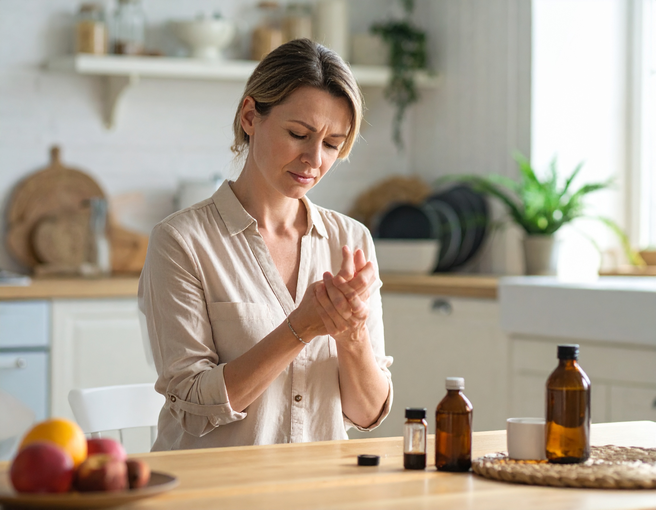 Firefly_Une femme 40 ans dans une cuisine regarde sa main douloureuse après avoir ouvert une 782029_PREVENIR Femme souffrant de douleurs aux mains en cuisine.