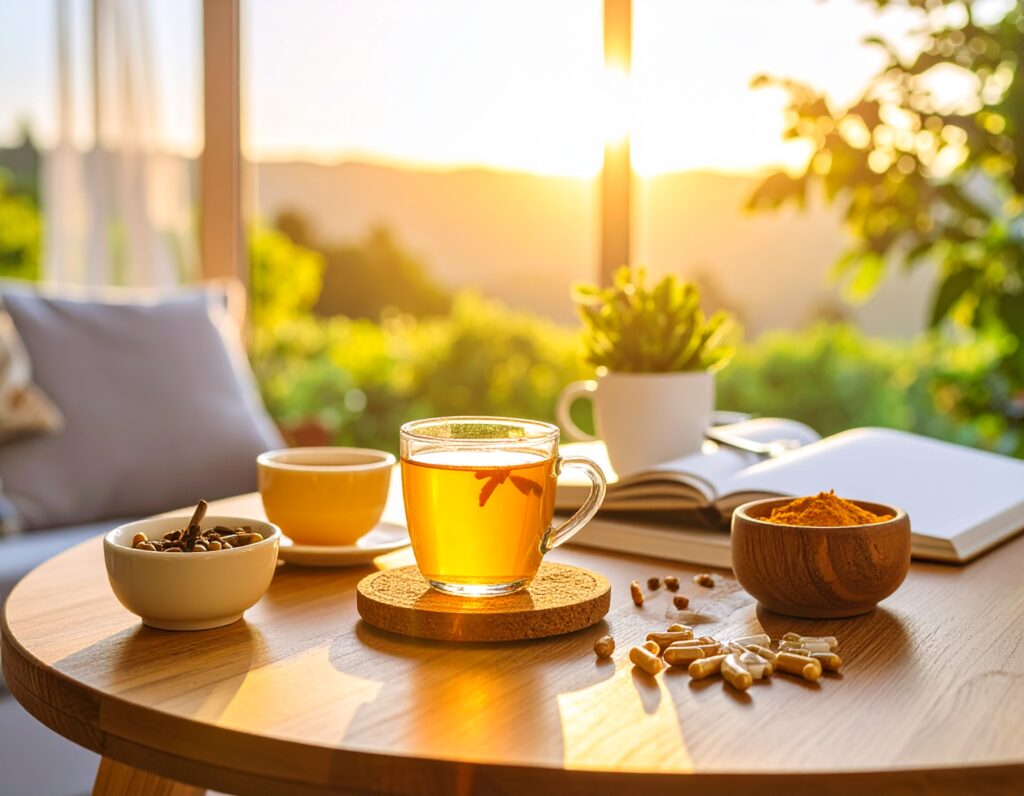 Table sur laquelle sont posées des tisanes, gélules de plantes 533702 Tasse de thé sur une table ensoleillée.