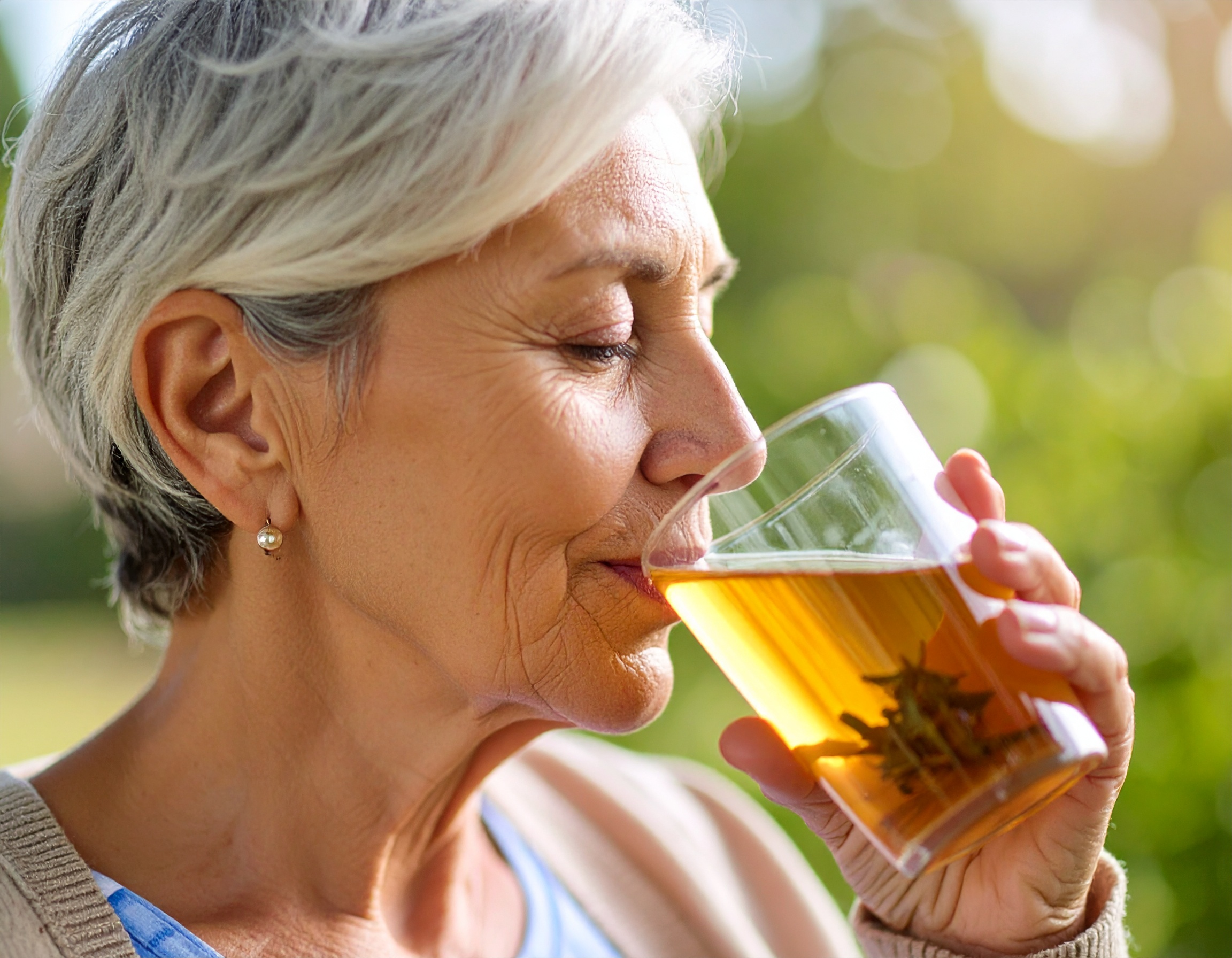 Firefly_gros plan serré personne d’une femme d’une cinquantaine d’année qui boit un verre d’i 760120-EXPLORER Femme âgée savourant une tasse de thé.