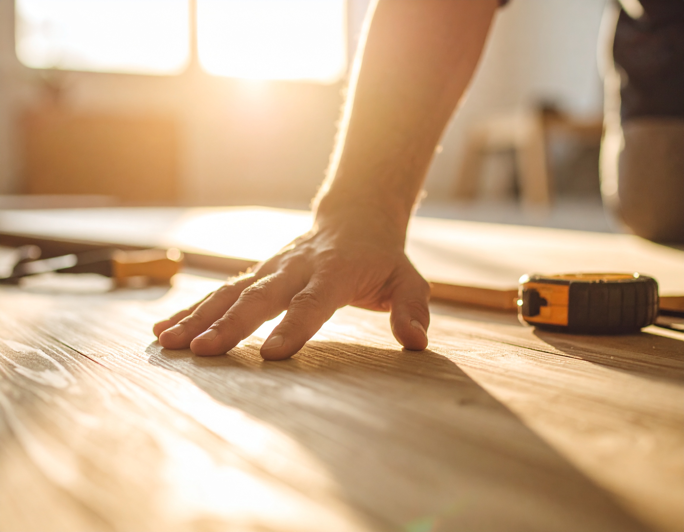Risques Main touchant un plancher en bois lumineux