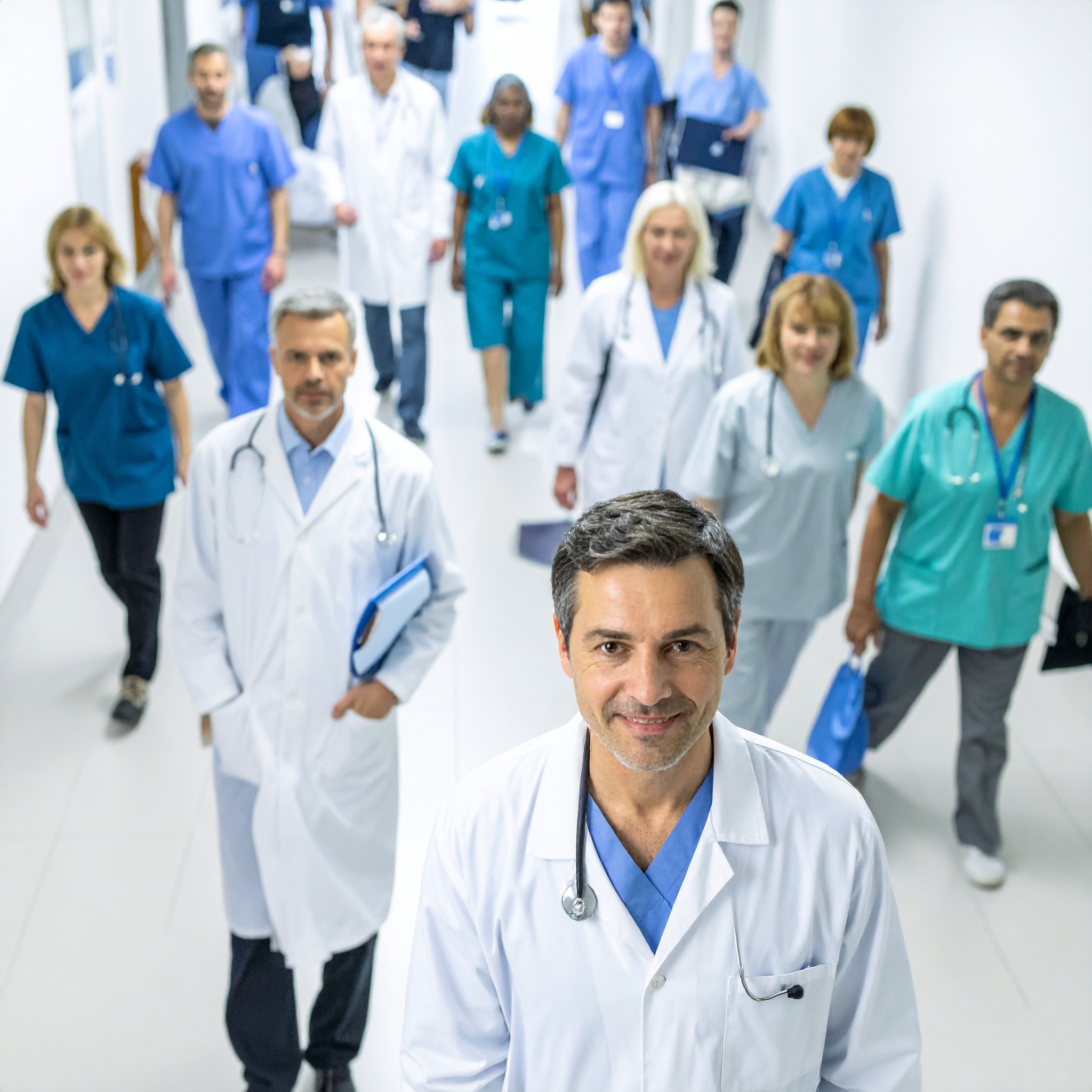 Soutien Équipe médicale marchant dans un hôpital moderne.