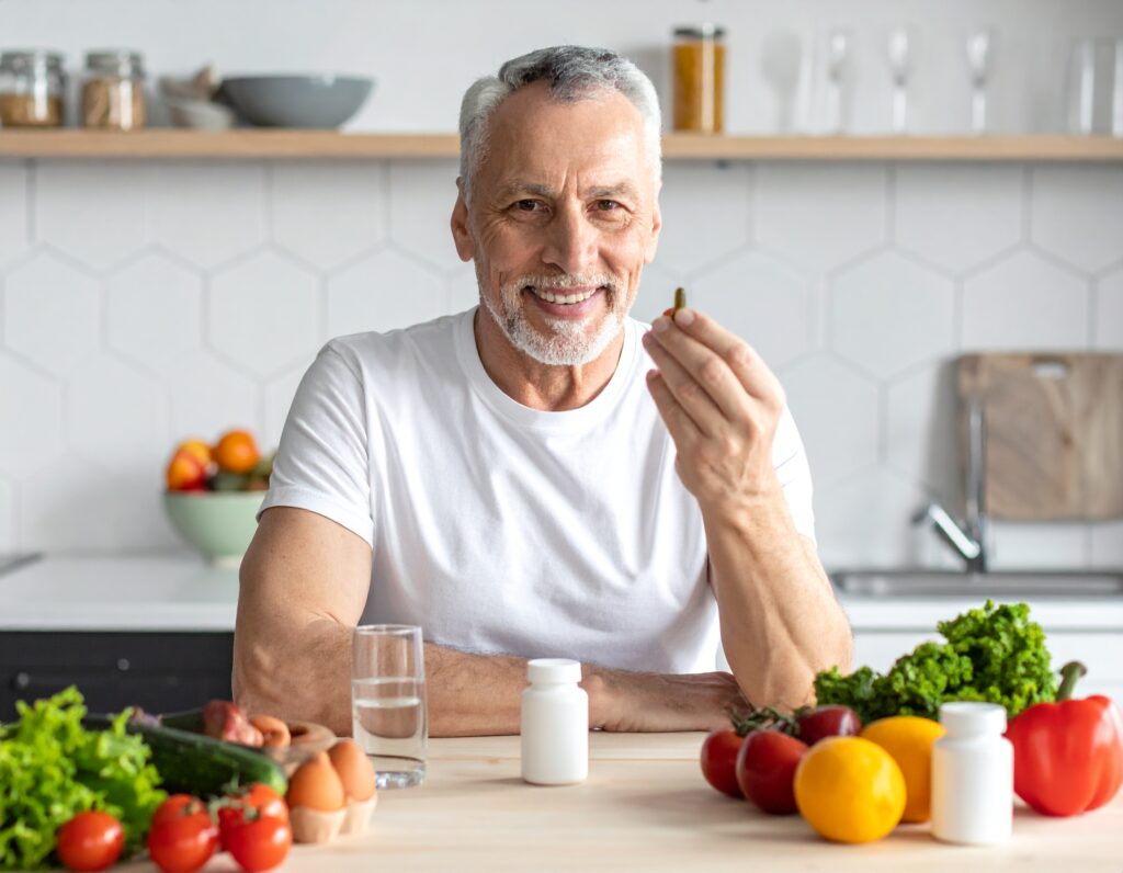 un homme caucasien de 65 ans prend des compléments alimentaires 811013 Homme souriant avec des médicaments et des légumes.