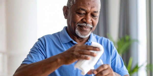 Homme âgé s'occupant d'un chiffon blanc.