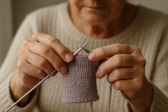 Femme tricotant un petit ouvrage en laine.