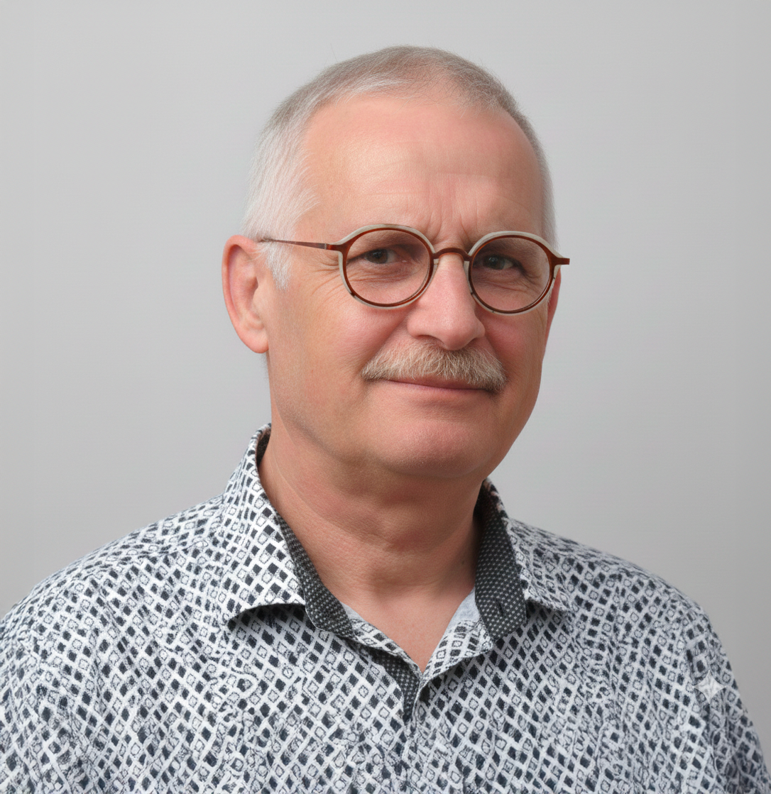 Homme âgé avec des lunettes, chemise à motifs.