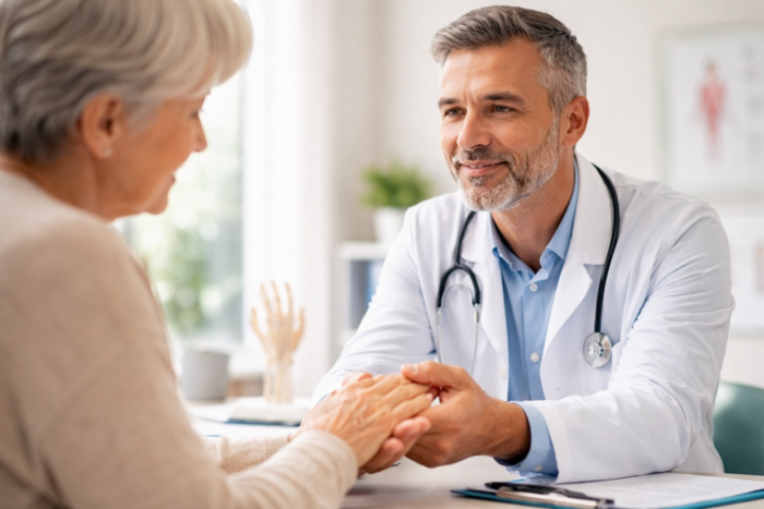 Médecin en consultation avec une patiente âgée atteinte de rhizarthrose