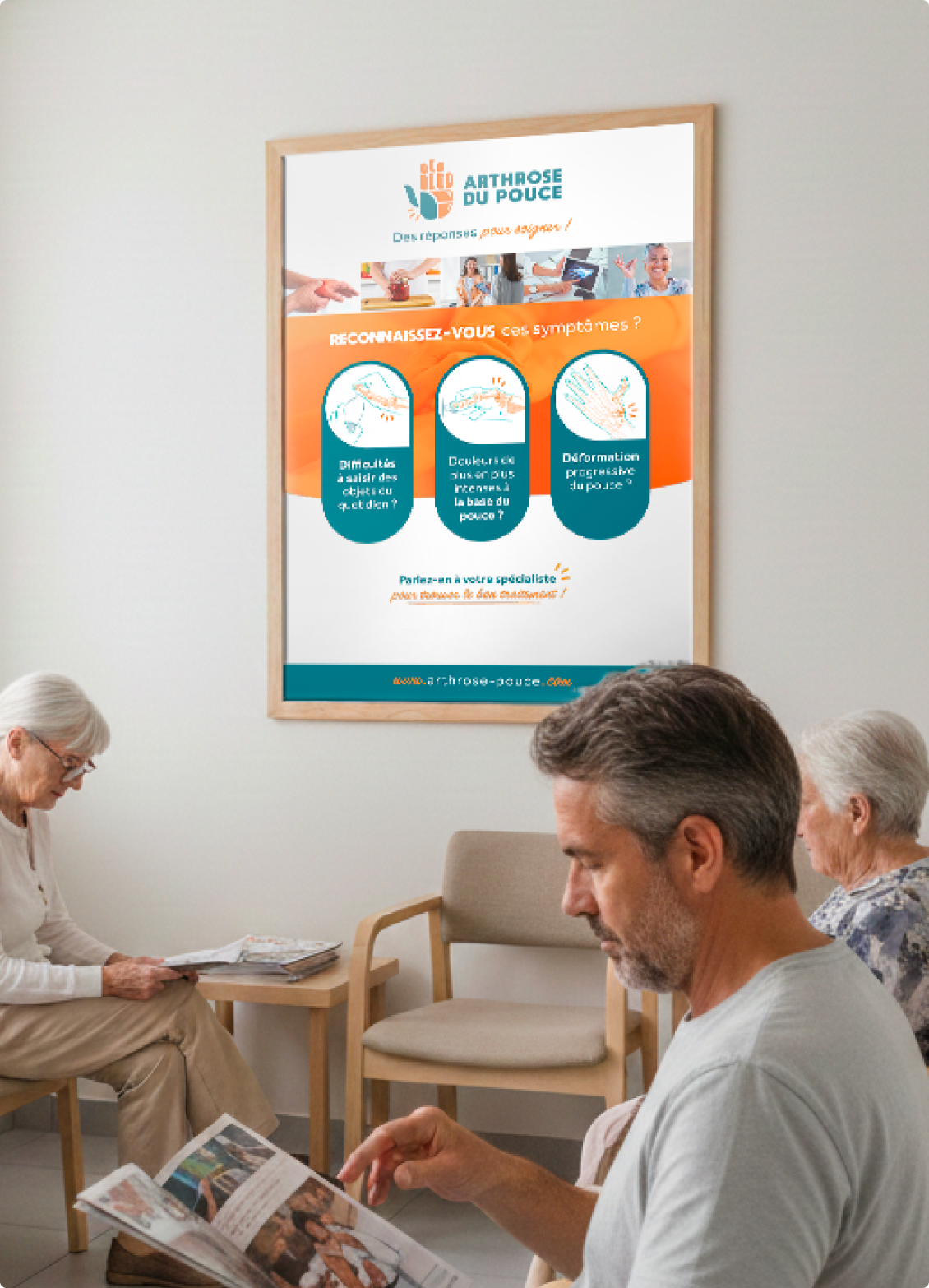 Affiche sur l'arthrose du pouce et ses symptômes.