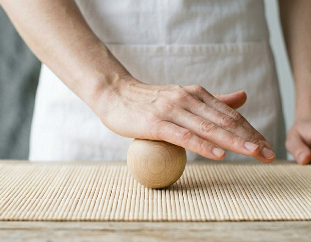 Firefly_Plan-d’un-tapis-de-table.-Une-femme-fait-rouler-une-balle-sous-sa-paume,-en-mouvement-463565—Moyenne-OK Main utilisant une balle de massage en bois