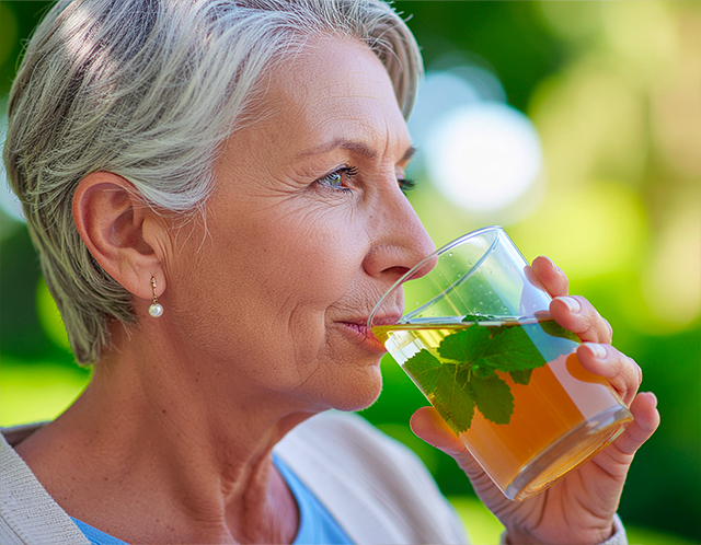 Firefly_gros-plan-serré-personne-d’une-femme-d’une-cinquantaine-d’année-qui-boit-un-verre-d’i-760120-EXPLORER—Moyenne-OK Femme buvant une tisane en plein air
