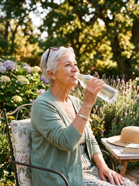 Femme senior buvant de l’eau dans un jardin