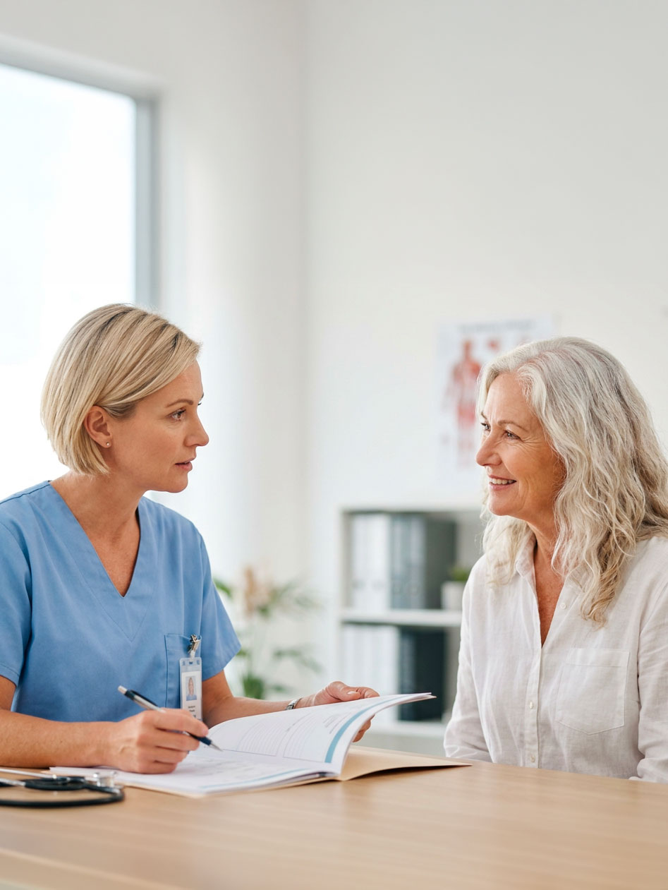 Consultation entre infirmière et patiente senior souriante