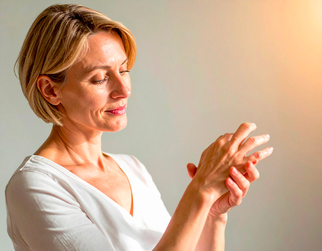 Femme massant son poignet avec expression apaisée